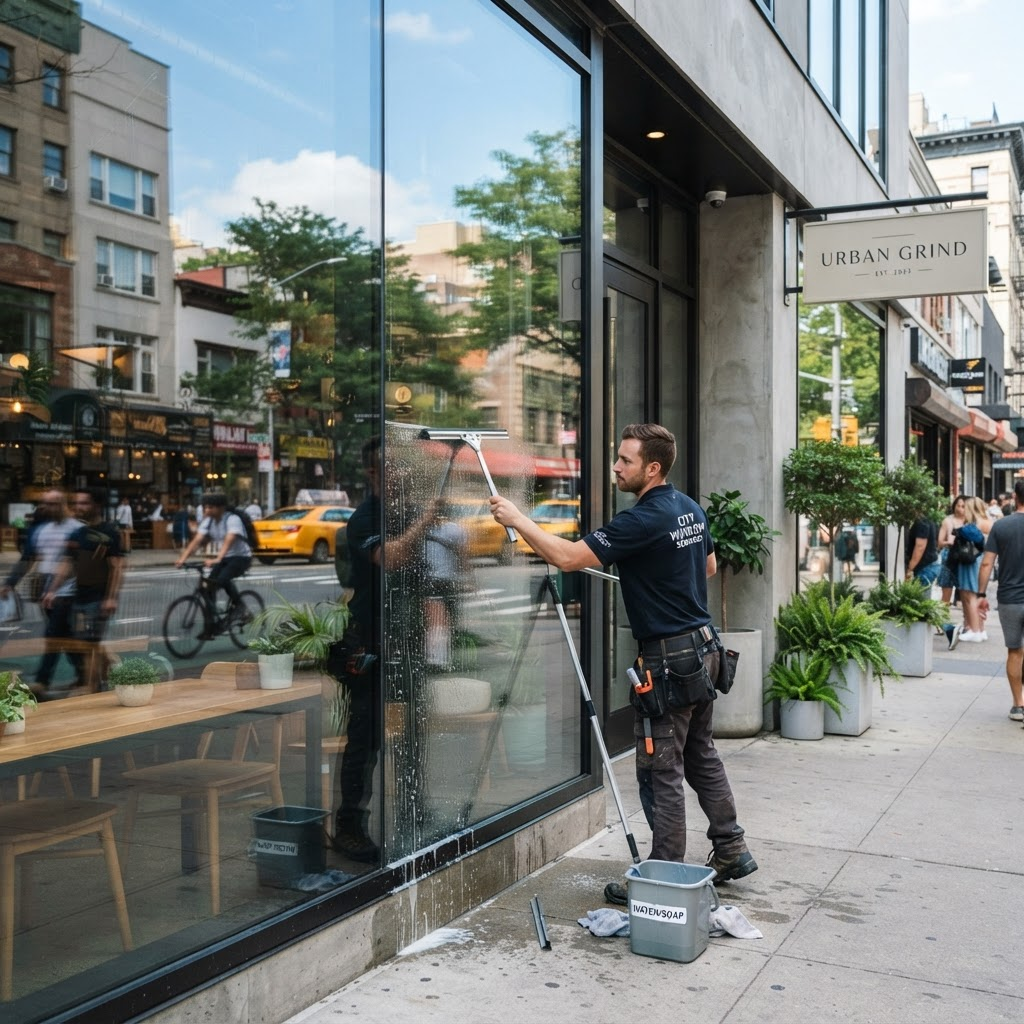 Cleaning the glass storefront of a modern business