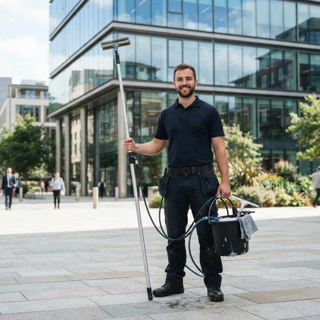 A TroHass window cleaning technician with equipment