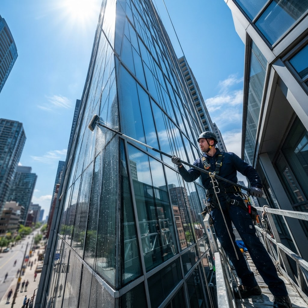 TroHass technician cleaning a glass high-rise with a water-fed pole
